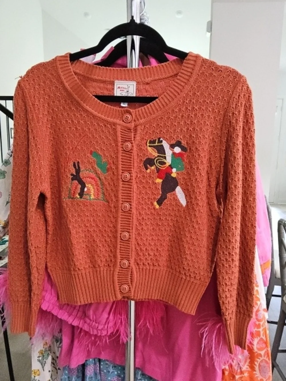 Rust Orange Embroidered Crewneck Cardigan Sweater - Picture 1 of 2